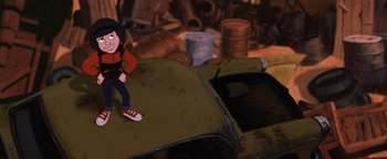 Movie still from “The Iron Giant” (1999), directed by Brad Bird – A cartoon of a person standing on top of a car; Wide shot, Low angle