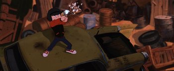Movie still from “The Iron Giant” (1999), directed by Brad Bird – A cartoon of a man holding a gun while standing on top of a car; Wide shot, Low angle
