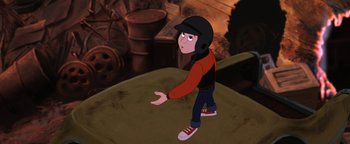 Movie still from “The Iron Giant” (1999), directed by Brad Bird – A cartoon of a boy with a helmet on his head; Medium shot, Overhead angle