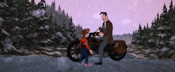 Movie still from “The Iron Giant” (1999), directed by Brad Bird – An animated man and a child on a motorcycle; Medium shot, Over the shoulder angle