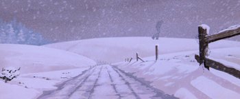 Movie still from “The Iron Giant” (1999), directed by Brad Bird – A painting of a road in the middle of a snow covered field; Extreme Wide shot, Low angle