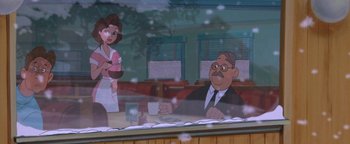 Movie still from “The Iron Giant” (1999), directed by Brad Bird – A cartoon of a man and a woman sitting at a table; Medium shot, Over the shoulder angle
