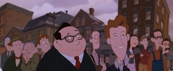 Movie still from “The Iron Giant” (1999), directed by Brad Bird – A group of men standing next to each other in front of a building; Close Up shot, Low angle