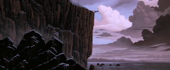 Movie still from “The Iron Giant” (1999), directed by Brad Bird – A painting of a bird flying over a cliff; Extreme Wide shot, Low angle