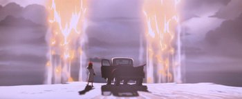 Movie still from “The Iron Giant” (1999), directed by Brad Bird – A woman standing in front of an old truck; Extreme Wide shot, Low angle