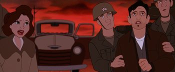 Movie still from “The Iron Giant” (1999), directed by Brad Bird – An animated man wearing a military uniform next to an old truck; Close Up shot, Over the shoulder angle