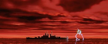 Movie still from “The Iron Giant” (1999), directed by Brad Bird – A red sky with a boat in the water; Extreme Wide shot, Low angle