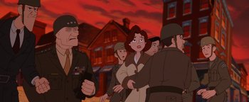 Movie still from “The Iron Giant” (1999), directed by Brad Bird – A group of people standing in front of a building; Medium shot, Over the shoulder angle