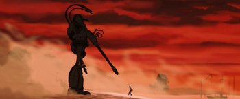 Movie still from “The Iron Giant” (1999), directed by Brad Bird – An image of a giant robot and a man walking in the desert; Extreme Wide shot, Low angle