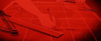 Movie still from “The Iron Giant” (1999), directed by Brad Bird – A drawing of a hand holding a pencil and a ruler; Extreme Close Up shot, Overhead angle