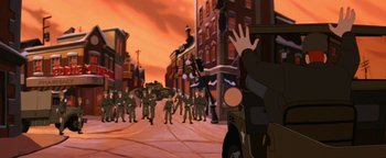 Movie still from “The Iron Giant” (1999), directed by Brad Bird – A group of men in uniforms are marching down a street; Wide shot, High angle