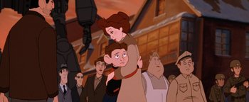 Movie still from “The Iron Giant” (1999), directed by Brad Bird – A group of people standing next to each other on a street; Medium shot, Over the shoulder angle