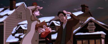 Movie still from “The Iron Giant” (1999), directed by Brad Bird – A man and a woman are standing next to each other in front of a building; Medium shot, Low angle