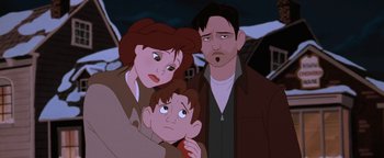 Movie still from “The Iron Giant” (1999), directed by Brad Bird – A man , woman , and boy are posing for a picture; Close Up shot, High angle