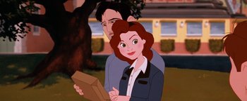 Movie still from “The Iron Giant” (1999), directed by Brad Bird – A man and a woman are holding a piece of paper; Close Up shot, High angle