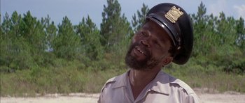 Movie still from “The Island” (1980), directed by Michael Ritchie – A man with a beard wearing a police hat; Close Up shot, Low angle