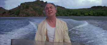 Movie still from “The Island” (1980), directed by Michael Ritchie – An older man standing on the side of a boat in the water; Medium shot, Low angle