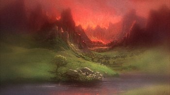 Movie still from “The Island at the Top of the World” (1974), directed by Robert Stevenson – An oil painting of a mountain with a fire in the background; Extreme Wide shot, High angle