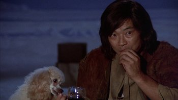 Movie still from “The Island at the Top of the World” (1974), directed by Robert Stevenson – A man sitting at a table with a dog; Close Up shot, Low angle