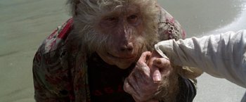 Movie still from “The Island of Dr. Moreau” (1996), directed by Richard Stanley – An old man with a long white hair and a long beard; Close Up shot, Low angle