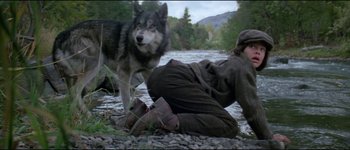 Movie still from “The Journey of Natty Gann” (1985), directed by Jeremy Kagan – A person and a dog in the water; Wide shot, High angle