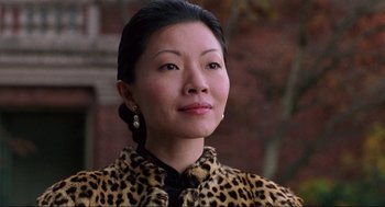 Movie still from “The Joy Luck Club” (1993), directed by Wayne Wang – A person wearing a leopard print jacket; Close Up shot, Low angle