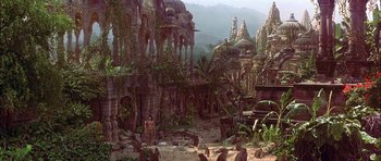 Movie still from “The Jungle Book” (1994), directed by Stephen Sommers – An ancient city is shown in the middle of the jungle; Extreme Wide shot, High angle
