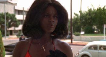 Movie still from “The Killing of a Chinese Bookie” (1976), directed by John Cassavetes – A woman in a red bathing suit holding a black dog; Close Up shot, Low angle