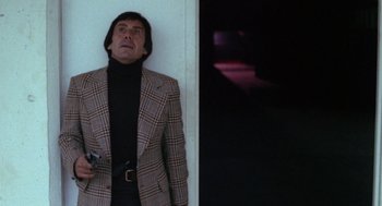 Movie still from “The Killing of a Chinese Bookie” (1976), directed by John Cassavetes – A man holding a cell phone while standing next to a wall; Medium shot, Low angle