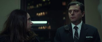 Movie still from “The Kindness of Strangers” (2019), directed by Lone Scherfig – A man and a woman are talking to each other; Close Up shot, Low angle