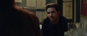 Movie still from “The Kindness of Strangers” (2019), directed by Lone Scherfig – A man sitting in front of a woman in a restaurant; Close Up shot, Over the shoulder angle
