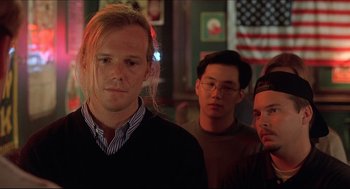 Movie still from “Good Will Hunting” (1997), directed by Gus Van Sant – A group of men standing next to each other in a room; Close Up shot, Low angle