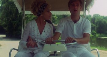 Movie still from “The Landlord” (1970), directed by Hal Ashby – A man and a woman sitting in the back of a car; Medium shot, Low angle