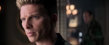 Movie still from “The Last Castle” (2001), directed by Rod Lurie – A person with blue eyes; Close Up shot, Over the shoulder angle