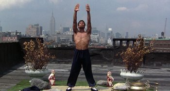 Movie still from “The Last Dragon” (1985), directed by Michael Schultz – A man standing in front of a city skyline; Wide shot, Low angle