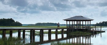 Two people are standing on a pier near a body of water