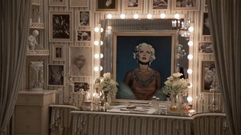 Movie still from “The Last Tycoon” (1976), directed by Elia Kazan – A picture of a woman in front of a vanity mirror; Wide shot, High angle