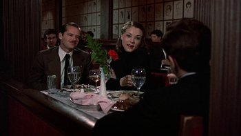 Movie still from “The Last Tycoon” (1976), directed by Elia Kazan – A group of people sitting at a table with wine glasses; Medium shot, Over the shoulder angle