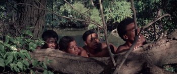 Movie still from “The Learning Tree” (1969), directed by Gordon Parks – A group of people in a body of water near trees; Medium shot, High angle