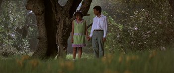 Movie still from “The Learning Tree” (1969), directed by Gordon Parks – A young boy and a young girl holding hands in a field; Wide shot, Low angle