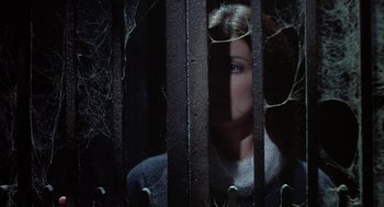 Movie still from “The Legend of Hell House” (1973), directed by John Hough – A woman is looking through a metal fence; Close Up shot, High angle