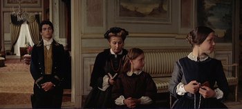 Movie still from “The Leopard” (1963), directed by Luchino Visconti – A woman and a girl are sitting in front of a painting; Medium shot, Over the shoulder angle