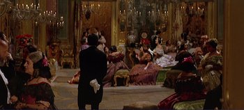 Movie still from “The Leopard” (1963), directed by Luchino Visconti – A group of people dressed in period costumes; Wide shot, Over the shoulder angle