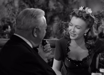 Movie still from “The Leopard Man” (1943), directed by Jacques Tourneur – An older man and a young woman are smiling at each other; Medium shot, Over the shoulder angle
