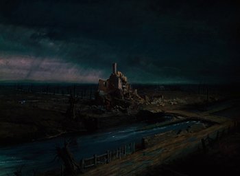 Movie still from “The Life and Death of Colonel Blimp” (1943), directed by Emeric Pressburger – An oil painting of an old factory in the middle of the night; Extreme Wide shot, High angle