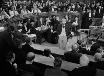Movie still from “The Life of Emile Zola” (1937), directed by William Dieterle – An old photo of people in a courtroom; Wide shot, High angle