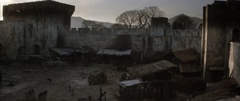 Movie still from “The Lion in Winter” (1968), directed by Anthony Harvey – An image of an outdoor setting in the middle of the night; Extreme Wide shot, High angle