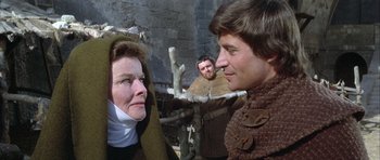Movie still from “The Lion in Winter” (1968), directed by Anthony Harvey – Two men and a woman in medieval garb; Close Up shot, Over the shoulder angle