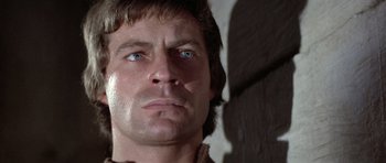 Movie still from “The Lion in Winter” (1968), directed by Anthony Harvey – A man's face with blue eyes; Close Up shot, Low angle
