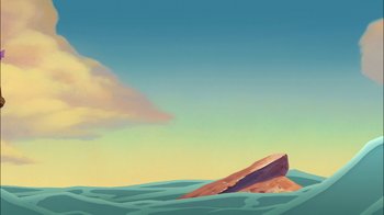 Movie still from “The Little Mermaid II: Return to the Sea” (2000), directed by Bill Speers – An illustration of a rock in the middle of the ocean; Extreme Wide shot, Low angle